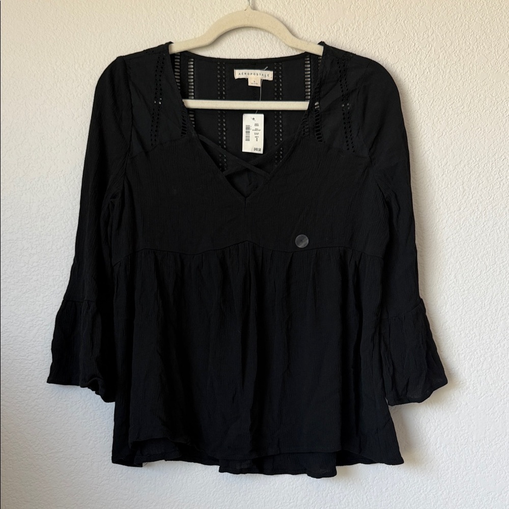 Aeropostale Black Boho Peasant Blouse NWT Crochet Lace-Up Bell Sleeve Top S